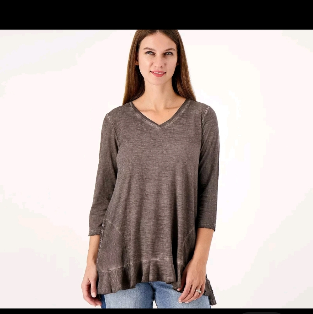 LOGO by Lori Goldstein Distressed Cotton 3/4 Sleeve Top Volcanic Glass XX-Small
